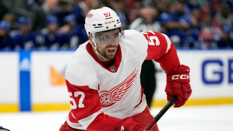 Detroit Red Wings left wing David Perron (57) against the Tampa Bay Lightning during the first period of an NHL hockey game Thursday, April 13, 2023, in Tampa, Fla. (Chris O'Meara/AP)