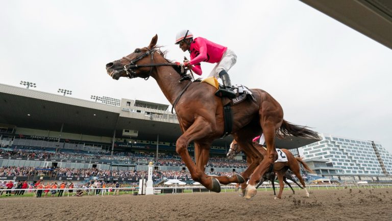 Paramount Prince, with Patrick Husbands aboard, crosses the finish line to win the 164th running of the Kings’s Plate horse race in Toronto on Sunday, August 20, 2023. (Spencer Colby/THE CANADIAN PRESS)