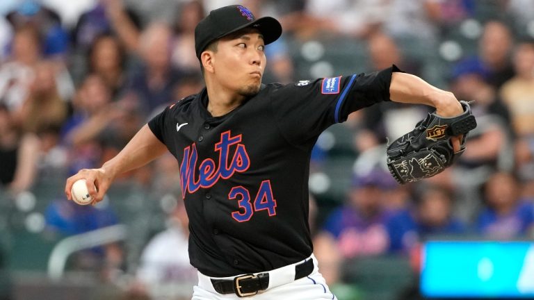 New York Mets' Kodai Senga pitches during the first inning of a baseball game against the Atlanta Braves, Friday, July 26, 2024, in New York. (Pamela Smith/AP)