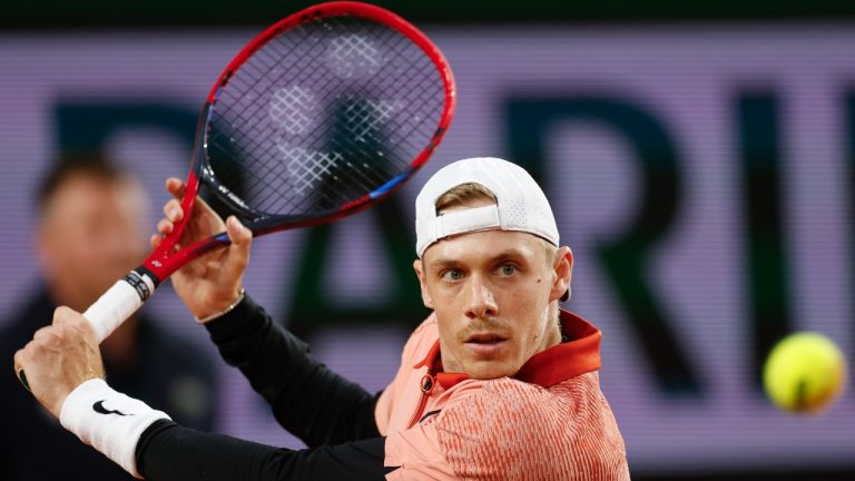 Canada's Denis Shapovalov plays a shot against Poland's Hubert Hurkacz during their third round match of the French Open tennis tournament at the Roland Garros stadium in Paris, Saturday, June 1, 2024. (Jean-Francois Badias/AP)