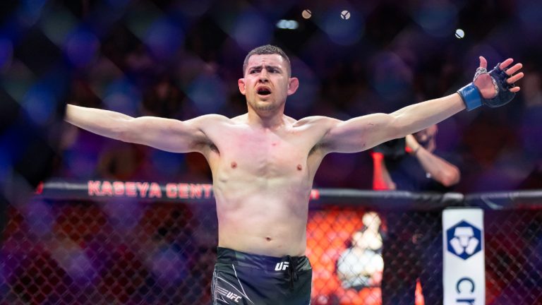 Steve Garcia reacts after defeating Shayilan Nuerdanbieke during their featherweight title match during the UFC 287 event at the Kaseya Center on Saturday, April 8, 2023, in downtown Miami. (Matias J. Ocner/Miami Herald via AP)