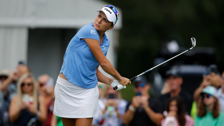 Lexi Thompson watches her tee shot on the fourth hole during the first round of the Dow Championship LPGA golf tournament, Thursday, June 27, 2024, at Midland Country Club in Midland, Mich. (Al Goldis/AP)