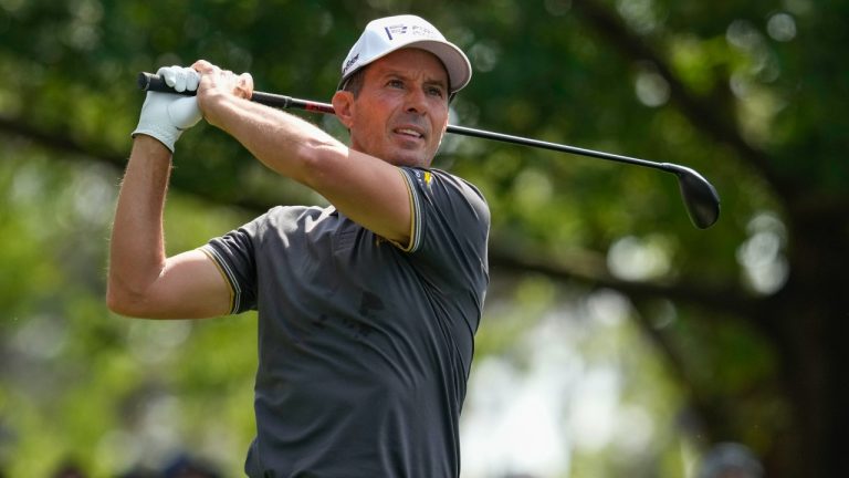 Mike Weir, of Canada, watches his tee shot on the fourth hole during the second round of the Masters golf tournament at Augusta National Golf Club on Friday, April 7, 2023, in Augusta, Ga. (Mark Baker/AP)