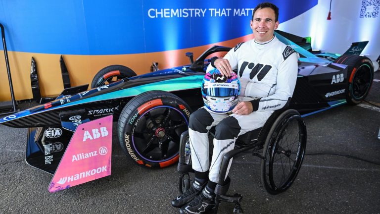 Canadian driver Robert Wickens pictured with Formula E’s GEN3 car during the Hankook Portland E-Prix at Portland International Raceway. (Photo Credit: Formula E)