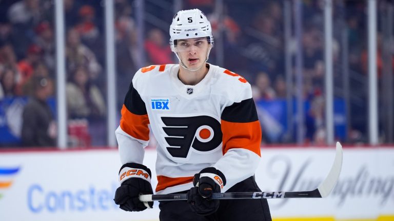 Philadelphia Flyers' Egor Zamula plays during an NHL hockey game, Monday, April 1, 2024, in Philadelphia. (Matt Slocum/AP)