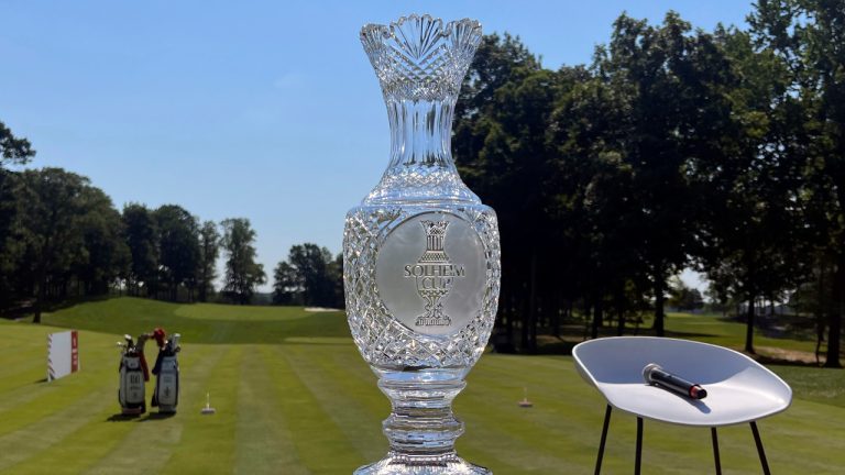 The Solheim Cup is displayed on the first tee box at Robert Trent Jones Golf Club, Monday, July 15, 2024, in Gainesville, Va., where the United States will take on Europe in the Solheim Cup golf tournament in September. (Ben Nuckols/AP)