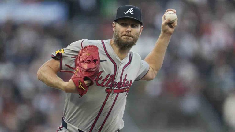 Atlanta Braves pitcher Chris Sale works against the San Francisco Giants during the first inning of a baseball game in San Francisco, Monday, Aug. 12, 2024. (Jeff Chiu/AP)