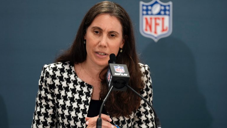 The NFL's senior vice president of social responsibility Anna Isaacson speaks during a news conference at the football league's owners spring meetings Tuesday, May 21, 2024, in Nashville, Tenn. (George Walker IV/AP)