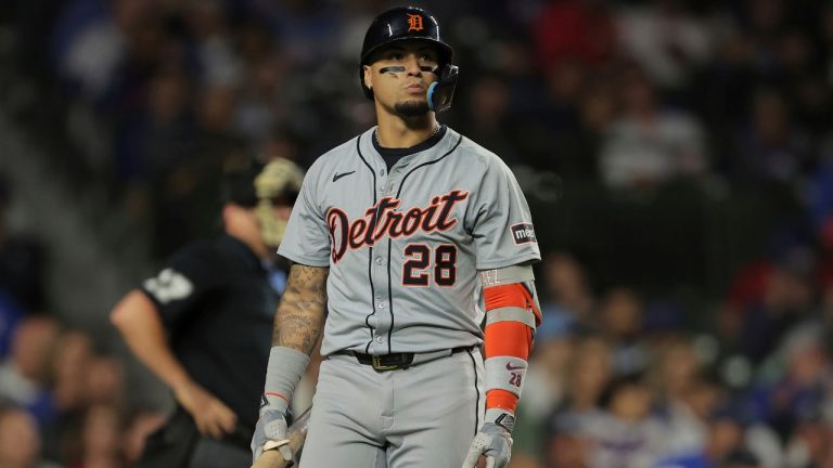 Detroit Tigers' Javier Báez walks back to the dugout after striking out for the third time during the seventh inning of a baseball game against the Chicago Cubs Tuesday, Aug. 20, 2024, in Chicago. (Melissa Tamez/AP Photo)