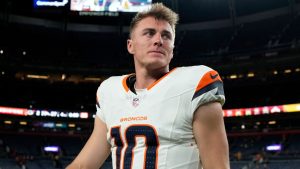 Denver Broncos quarterback Bo Nix during the second half of a preseason NFL football game against the Green Bay Packers, Sunday, Aug. 18, 2024, in Denver. (AP Photo/Jack Dempsey)