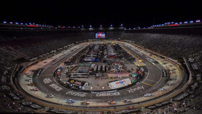 Drivers make their way around Bristol Motor Speedway during a caution period in the NASCAR Xfinity Series auto race Friday, Sept. 15, 2023, in Bristol, Tenn. (Emily Ball/Bristol Herald via AP)