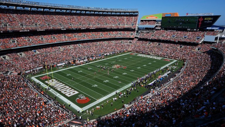 A general view of Cleveland Browns Stadium during an NFL football game between the Baltimore Ravens and the Cleveland Browns, Sunday, Oct. 1, 2023, in Cleveland. (AP Photo/Sue Ogrocki)