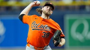 Baltimore Orioles starting pitcher Corbin Burnes delivers to the Tampa Bay Rays during the first inning of a baseball game Saturday, Aug. 10, 2024, in St. Petersburg, Fla. (Christopher O'Meara/AP Photo)