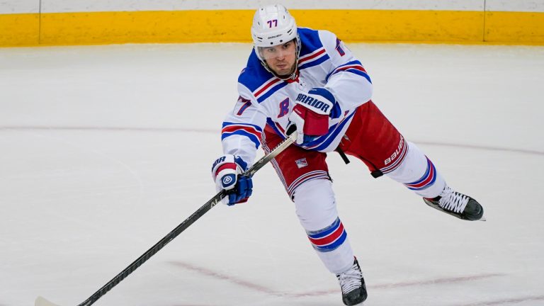 FILE - New York Rangers' Tony DeAngelo gets off a pass during the first period of an NHL hockey game against the Pittsburgh Penguins in Pittsburgh, in this Friday, Jan. 22, 2021, file photo. (Gene J. Puskar/AP) 