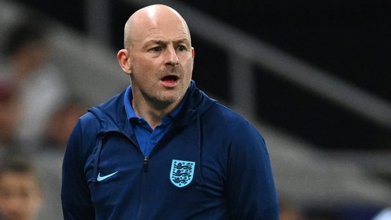 England's head coach Lee Carsley directs his players during the Euro 2023 U21 Championship final soccer match between England and Spain at the Batumi Arena stadium in Batumi, Georgia, Saturday, July 8, 2023. (Tamuna Kulumbegashvili/AP) 