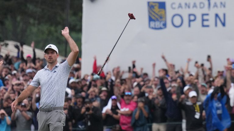 Nick Taylor reacts after winning the Canadian Open championship on the fourth playoff hole against Tommy Fleetwood in Toronto on Sunday, June 11, 2023. Taylor's iconic putter toss is being immortalized in the new logo for the RBC Canadian Open. The Canadian won the 2023 event after sinking a 72-foot eagle putt on the fourth playoff hole. (Nathan Denette/CP)