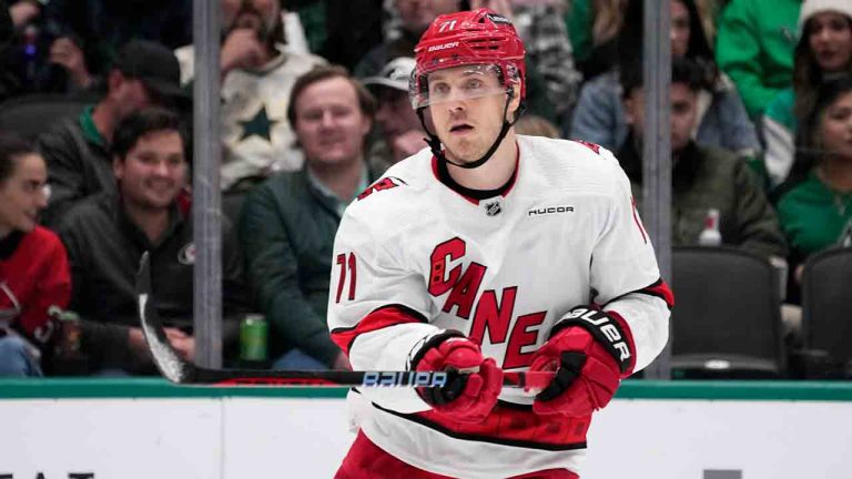 Carolina Hurricanes right wing Jesper Fast follows through on a pass during an NHL hockey game against the Dallas Stars in Dallas, Tuesday, Feb. 13, 2024. (Tony Gutierrez/AP)