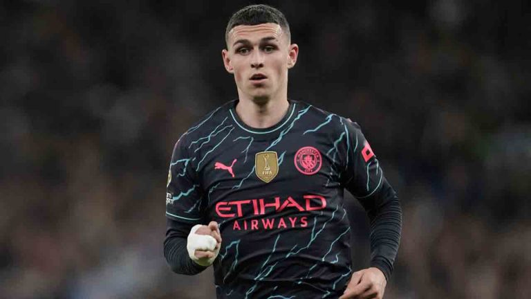 Manchester City's Phil Foden during the English Premier League soccer match between Tottenham Hotspur and Manchester City at Tottenham Hotspur Stadium in London, Tuesday, May 14, 2024.(Kin Cheung/AP)