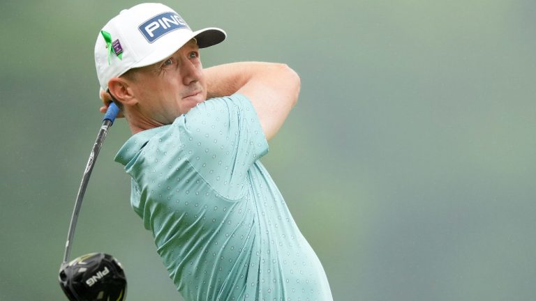 Mackenzie Hughes, of Hamilton, tees off on the fourth hole during the final round of the Canadian Open in Hamilton, Sunday, June 2, 2024. (Nathan Denette/CP)