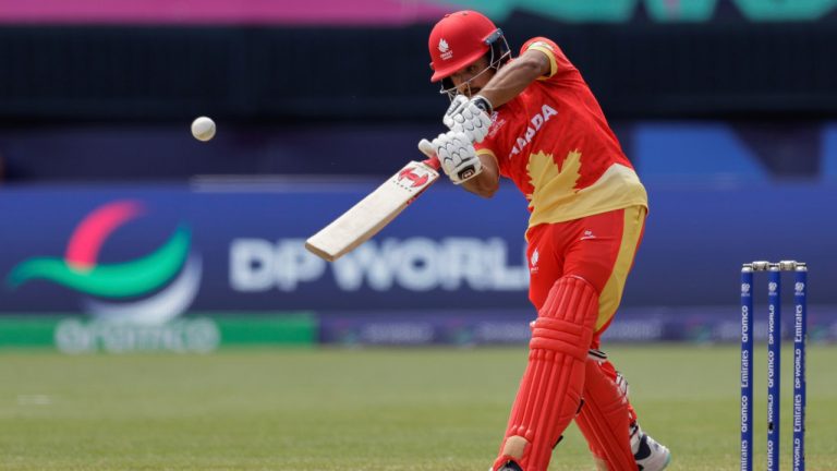 Canada's Dilpreet Bajwa bats against Ireland during an ICC Men's T20 World Cup cricket match at the Nassau County International Cricket Stadium in Westbury, New York, Friday, June 7, 2024. (Adam Hunger/AP) 