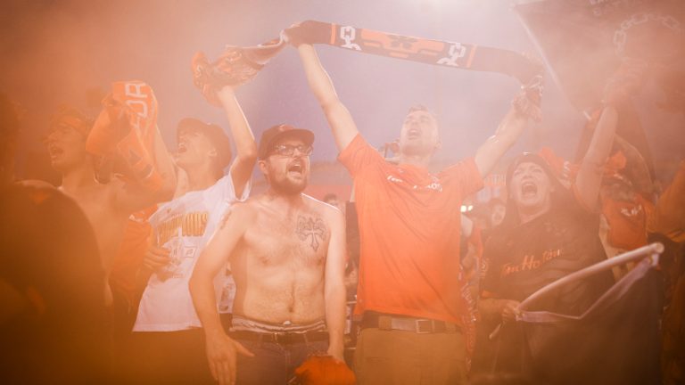 Forge FC fans celebrate their Canadian Championship semifinal win against Toronto FC in Hamilton, Ont., on Wednesday, July 10, 2024. (Nick Iwanyshyn/CP)