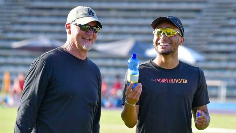 Andre De Grasse (CAN) together with coach Rana Reider (USA) during testing ahead of the Paris 2024 Olympics on the track of the "Guidobaldi" athletics stadium in Rieti on July 13-14, 2024.