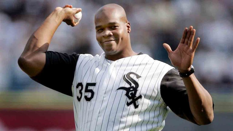 In this Oct. 4, 2005 photo, Frank Thomas of the Chicago White Sox throws out the ceremonial first pitch before the start of Game 1of the American League Division Series against the Boston Red Sox in Chicago. (Nam Y. Huh/AP)