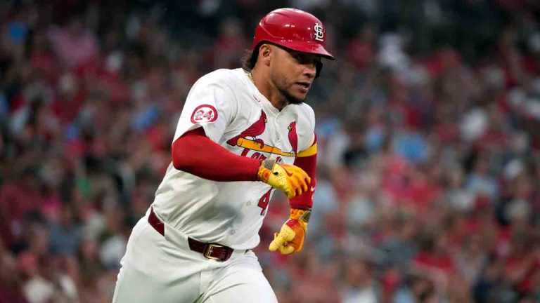 St. Louis Cardinals' Willson Contreras singles during the third inning of a baseball game against the Washington Nationals Friday, July 26, 2024, in St. Louis. (AP Photo/Jeff Roberson)