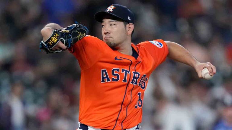 Yusei Kikuchi delivers during the first inning of a baseball game against the Tampa Bay Rays, Friday, Aug. 2, 2024, in Houston. (Kevin M. Cox/AP)