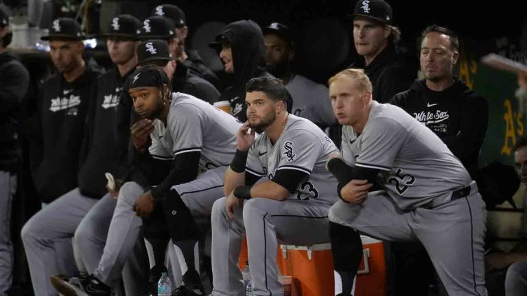 Chicago White Sox players react from the dugout during the eighth inning of a baseball game against the Oakland Athletics in Oakland, Calif., Monday, Aug. 5, 2024. (Jeff Chiu/AP)