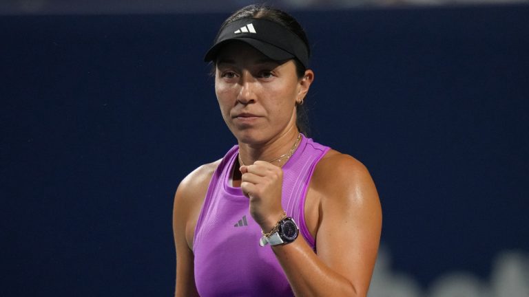 Jessica Pegula of the United States celebrates her win over Karolina Pliskova of Czechia at the National Bank Open in Toronto on Wednesday, August 7, 2024. (Chris Young/CP)