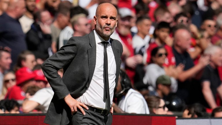 FILE - Manchester City's head coach Pep Guardiola gestures during the English FA Cup final soccer match between Manchester City and Manchester United at Wembley Stadium in London, Saturday, May 25, 2024. (Kin Cheung/AP) 