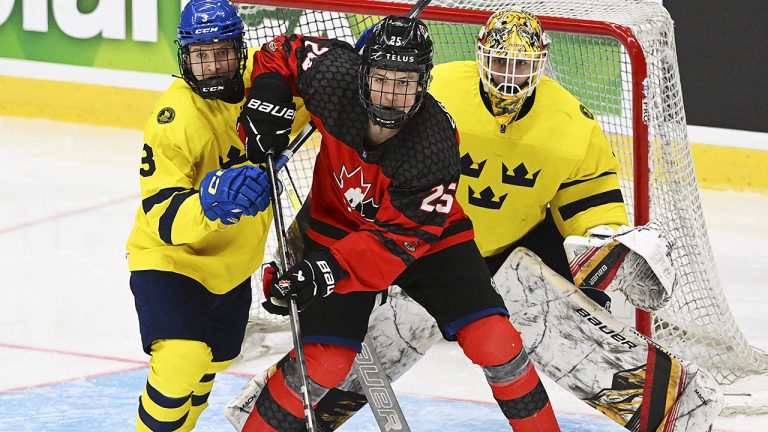 Caleb Desnoyers of Team Canada screens the Swedish net during the 2024 IIHF U18 world championships semifinal last spring. (Jussi Nukari/Lehtikuva via AP)