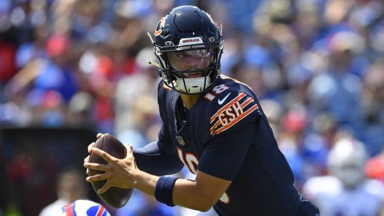 Chicago Bears quarterback Caleb Williams looks to throw during the first half of an preseason NFL football game against the Buffalo Bills. (Adrian Kraus/AP)