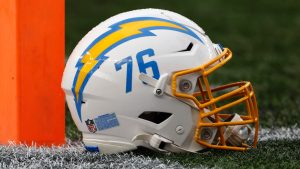 The Los Angeles Chargers logo is seen on a helmet before an NFL football game. (Winslow Townson/AP Images for Panini)