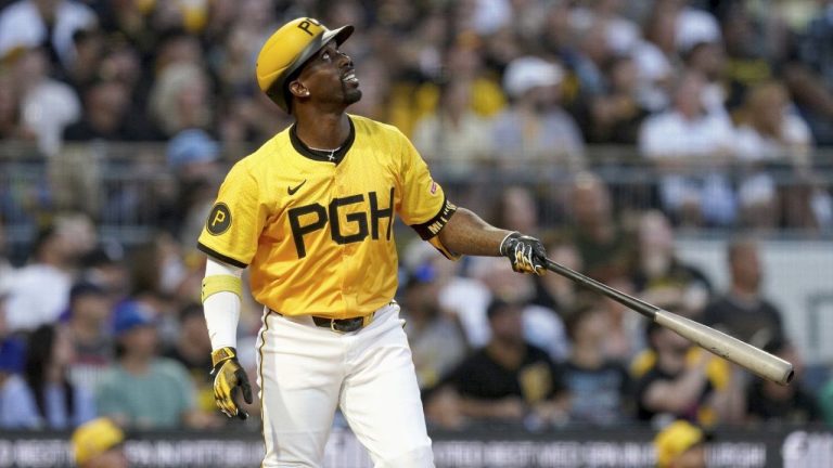 Pittsburgh Pirates' Andrew McCutchen watches his sacrifice fly during the fifth inning of a baseball game against the Seattle Mariners, Friday, Aug. 16, 2024, in Pittsburgh. (Matt Freed/AP Photo)
