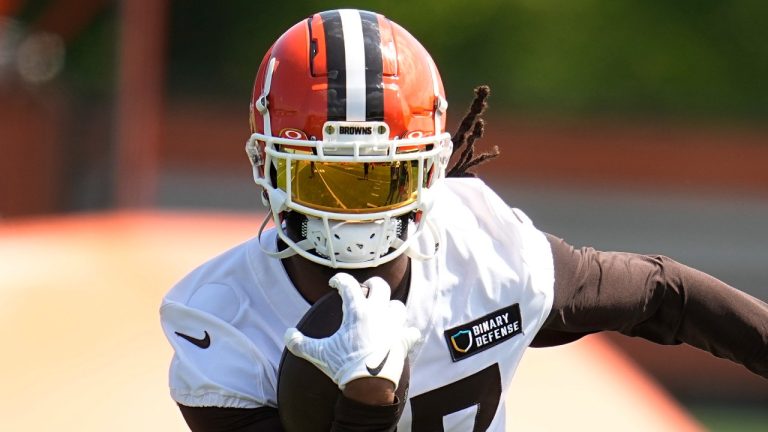 Cleveland Browns running back D'Onta Foreman carries during an NFL practice in Berea, Ohio, June 13, 2024. (AP Photo/Sue Ogrocki)