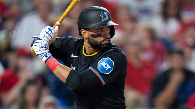 Miami Marlins' Derek Hill in action during the baseball game against the Philadelphia Phillies, Tuesday, Aug. 13, 2024, in Philadelphia. The Marlins won 5-0. (AP/Chris Szagola)