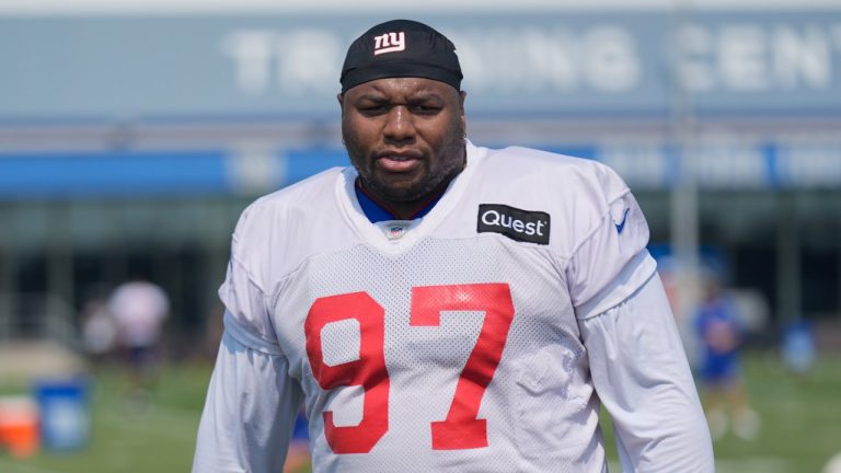 New York Giants' Dexter Lawrence II participates in a drill during the team's training camp in East Rutherford, N.J., July 28, 2024. (AP Photo/Seth Wenig)