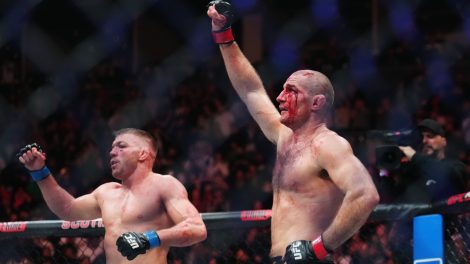 Sean-Strickland-and-Dricus-Du-Plessis-acknowledge-the-crowd-following-their-tightly-contested-split-decision-middleweight-title-bout-at-UFC-297-in-Toronto