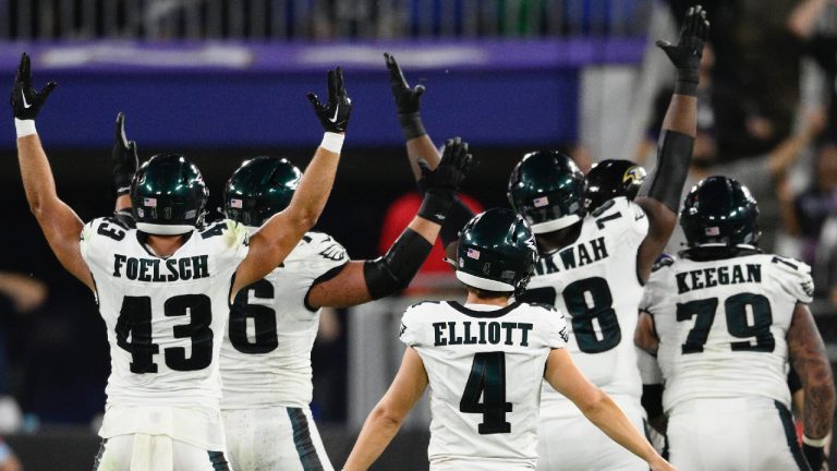 Philadelphia Eagles' Jake Elliott (4) and teammates react after Elliot's game-winning field goal during the second half of a preseason NFL football game against the Baltimore Ravens, Friday, Aug. 9, 2024, in Baltimore. (Nick Wass/AP)