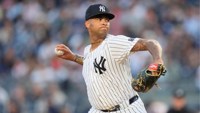 New York Yankees pitcher Luis Gil throws during the first inning of a baseball game against the Cleveland Guardians at Yankee Stadium Tuesday, Aug. 20, 2024, in New York. (Seth Wenig/AP Photo)