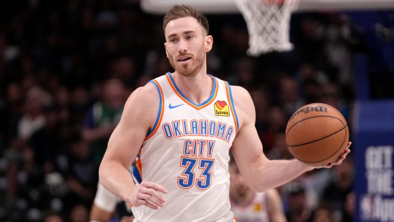 Oklahoma City Thunder's Gordon Hayward handles the ball in Game 3 of an NBA second-round playoff series against the Dallas Mavericks, May 11, 2024, in Dallas. (AP Photo/Tony Gutierrez)