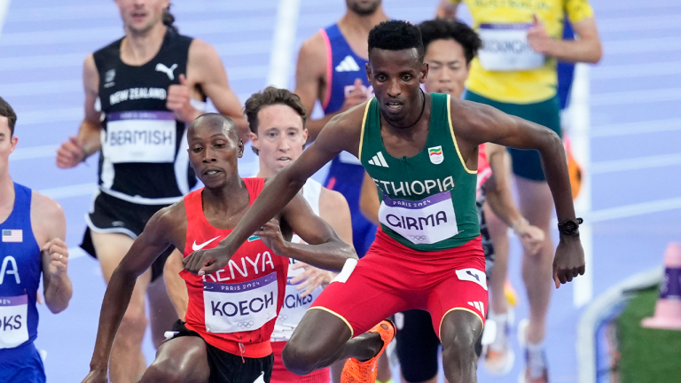 Lamecha Girma, of Ethiopia, competes in a men's 3000 meters steeplechase round 1 heat at the 2024 Summer Olympics, Monday, Aug. 5, 2024, in Saint-Denis, France. (Martin Meissner/AP)