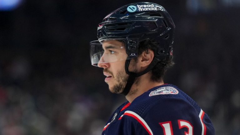 Columbus Blue Jackets' Johnny Gaudreau (13) awaits the face-off during an NHL hockey game against the Nashville Predators, Saturday, March 9, 2024, in Columbus, Ohio. (AP Photo/Aaron Doster)