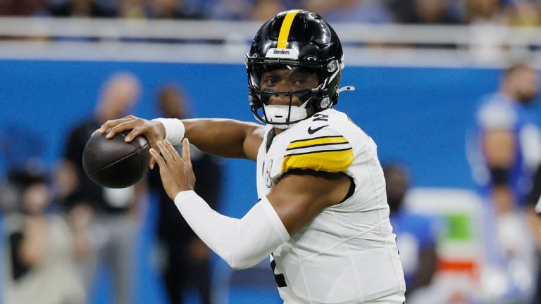 Pittsburgh Steelers quarterback Justin Fields scrambles during the first half of an NFL preseason football game against the Detroit Lions, Saturday, Aug. 24, 2024, in Detroit. (AP Photo/Duane Burleson)