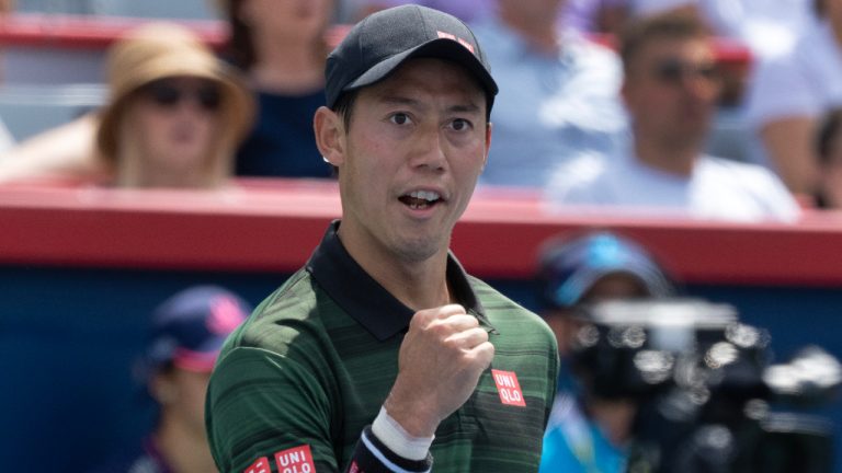 Japan's Kei Nishikori reacts after scoring a point against USA's Alex Michelson during their first round match at the National Bank Open tennis in Montreal, Tuesday, Aug. 6, 2024. Nishikori won the match in three sets. (Ryan Remiorz/CP)