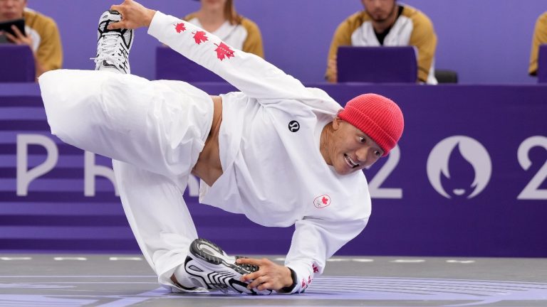 Canada's Philip "Phil Wizard" Kim, of Vancouver, B.C., competes in the round robin stage of the breaking event during the Paris Summer Olympics in Paris, Saturday, Aug. 10, 2024. (Christinne Muschi/CP)