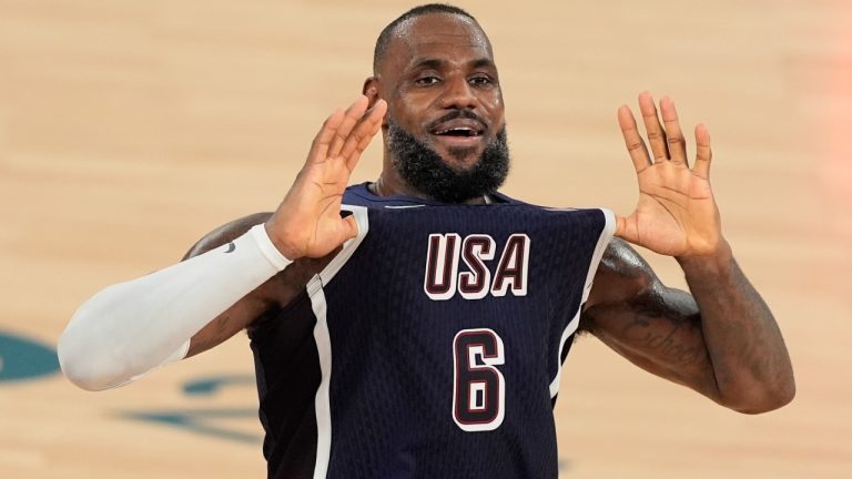 United States' LeBron James (6) reacts after winning a men's gold medal basketball game against France at Bercy Arena at the 2024 Summer Olympics, Saturday, Aug. 10, 2024, in Paris, France. (Michael Conroy/AP)