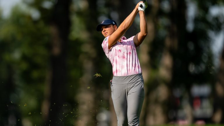 Leah John hits the ball during there CPKC Women’s Open, in Calgary on Thursday, July 25, 2024. (Christian Bender/CP)